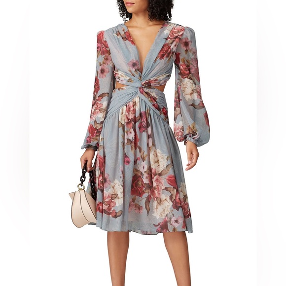 PatBO Dresses & Skirts - PatBO Floral Twist Cutout Midi Dress in Light Blue and Rose